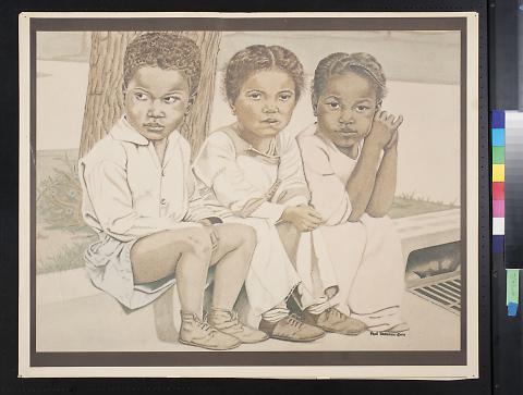untitled (three children sitting on a street curb)
