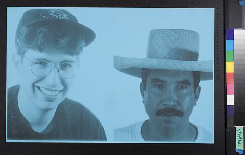 untitled (man in a baseball cap and glasses and a man with a woven hat and a mustache)