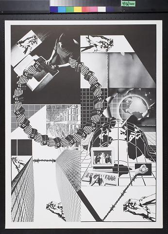 untitled (Image collage of the world, computers, and wrists in handcuffs)
