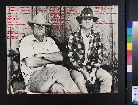 untitled (schedule of events and photo of men sitting against a wall)